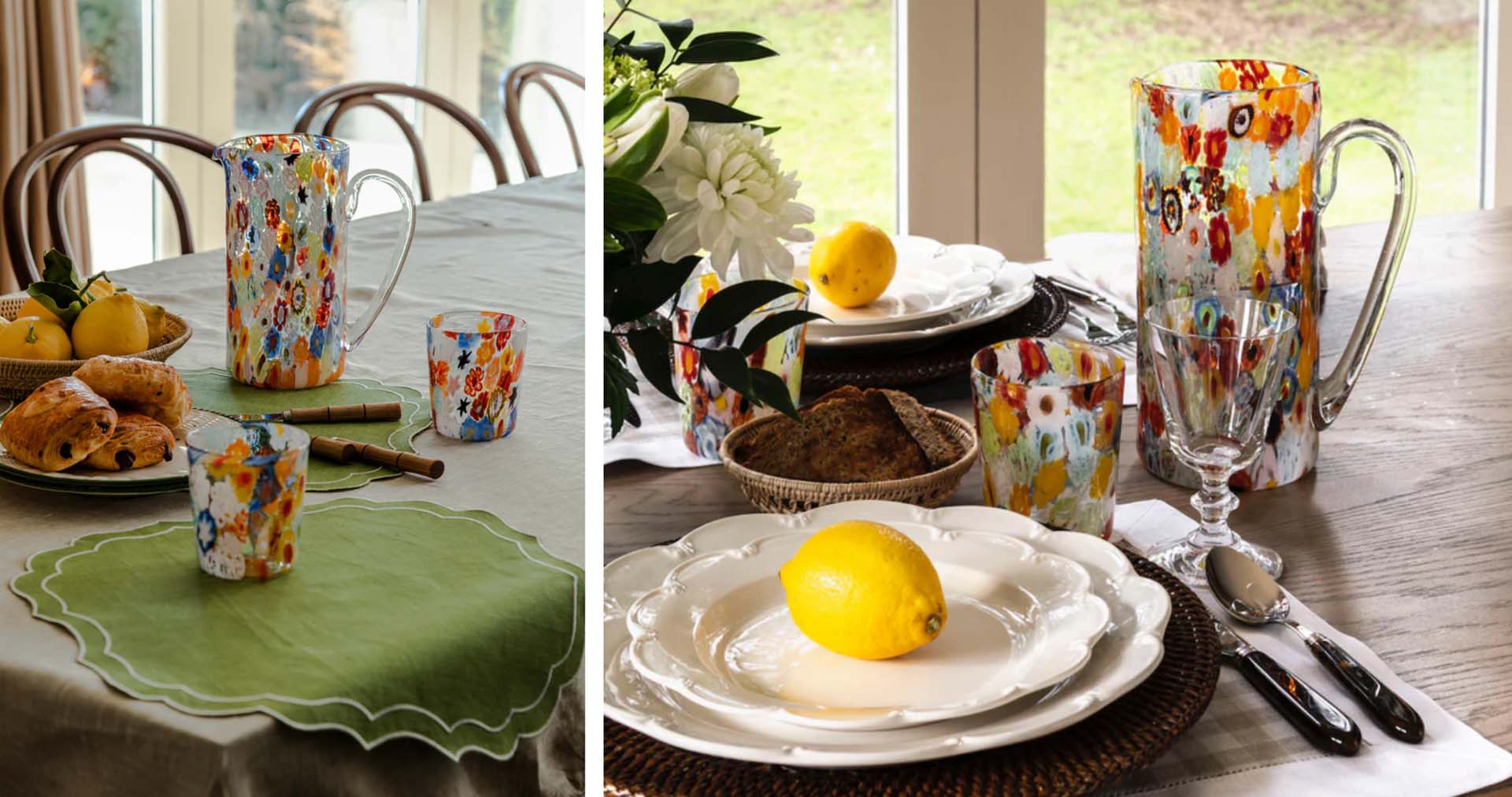 Dining table with collection of colourful glassware