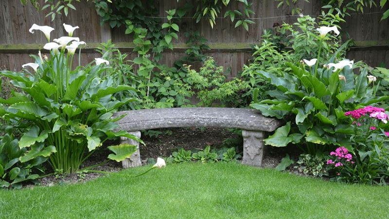 Curved stone bench surrounded by white and pink flowers