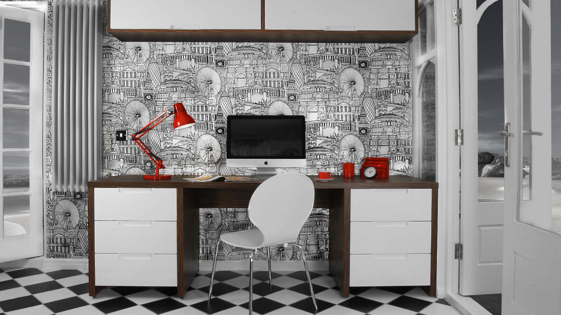 monochrome office with sketched wallpaper design