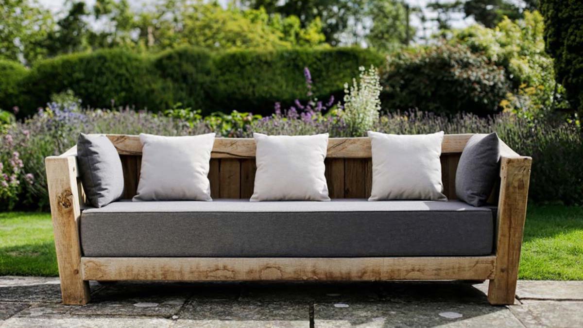 Rustic garden wooden sofa with removable, washable cushions