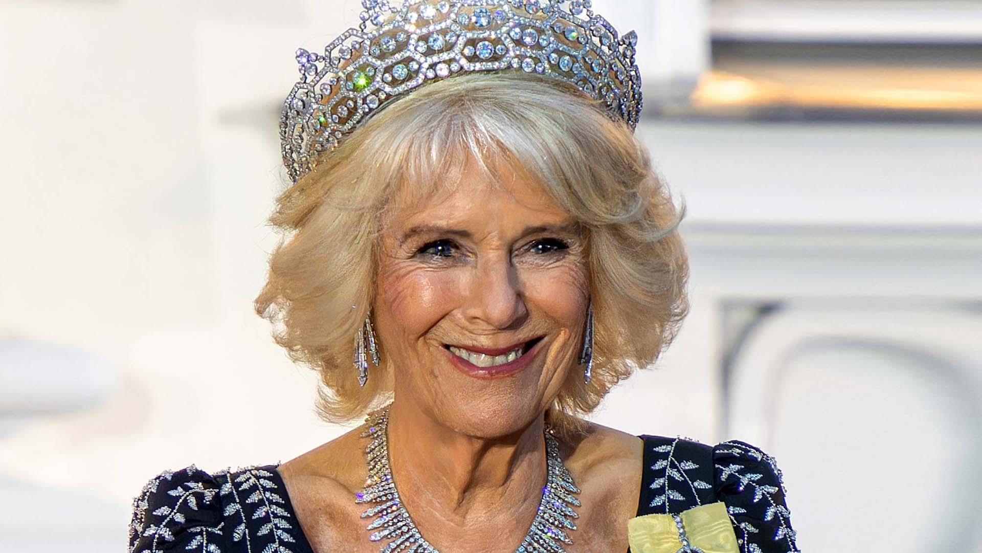 Camilla, Queen Consort pictured wearing a tiara and a black and silver dress