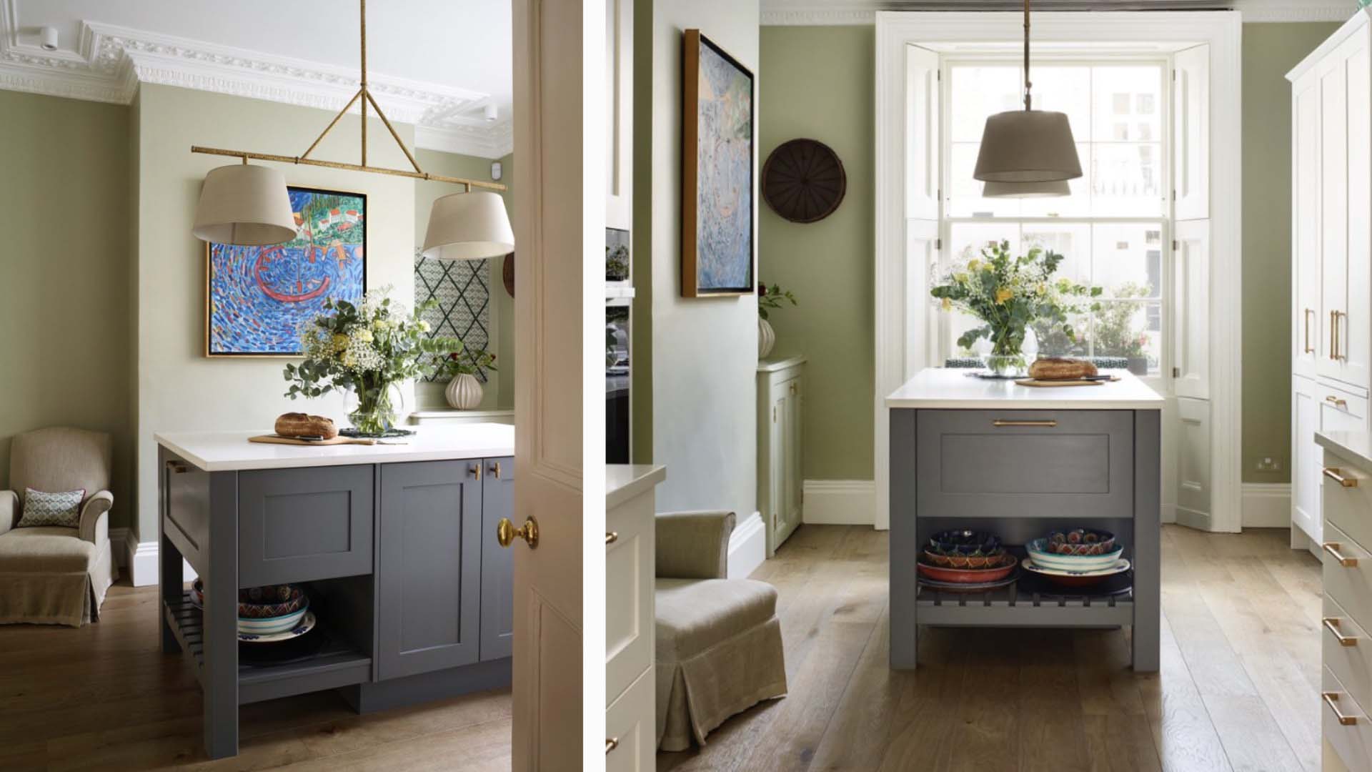 A sage green and grey kitchen by Yellow London 