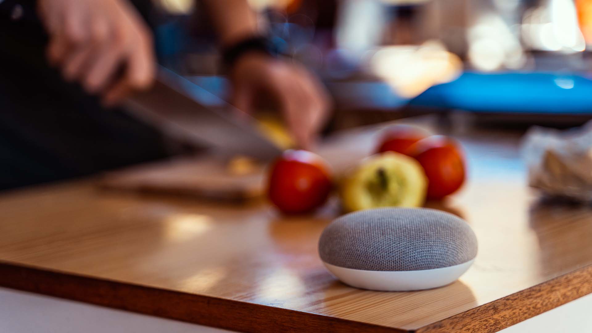 smart speaker on a work surface while cooking