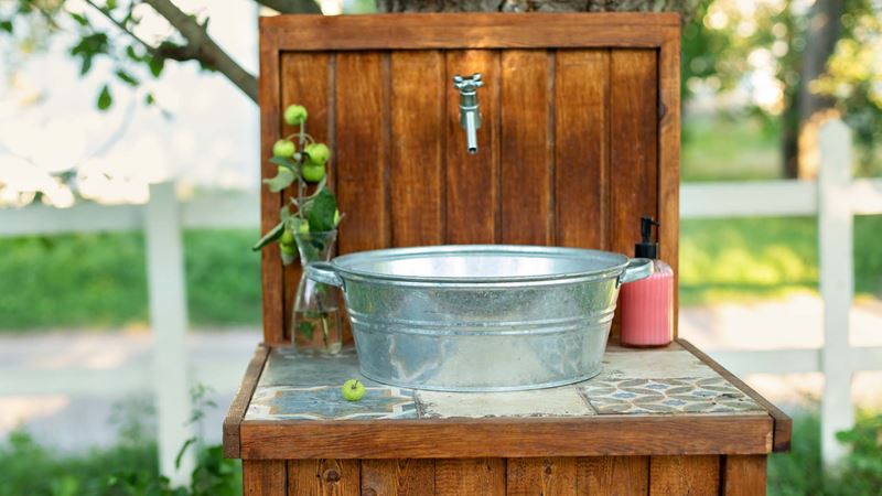 An outdoor sink made from tin