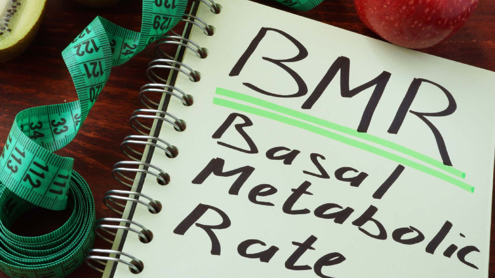 A notebook with handwritten copy which reads 'BMR Basal Metabolic Rate'