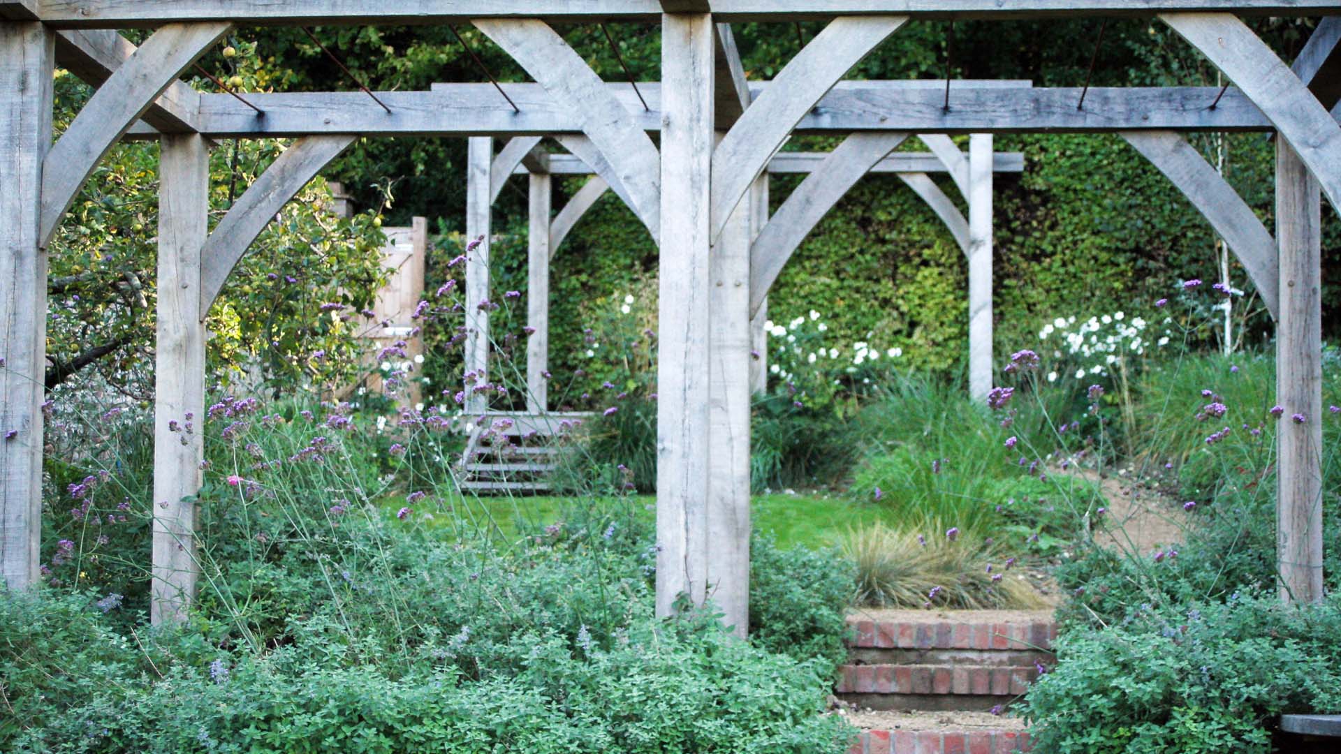 A wooden garden pergola