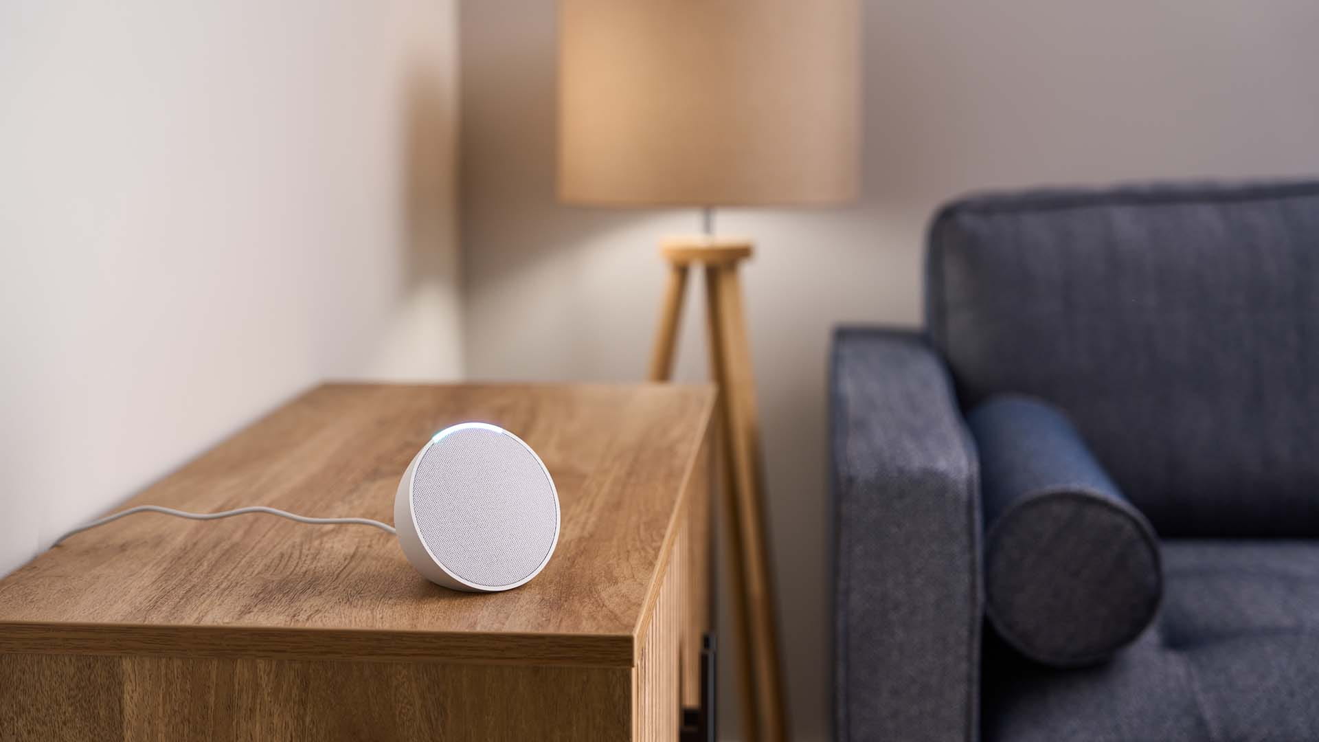 Amazon Echo Pop on the sideboard