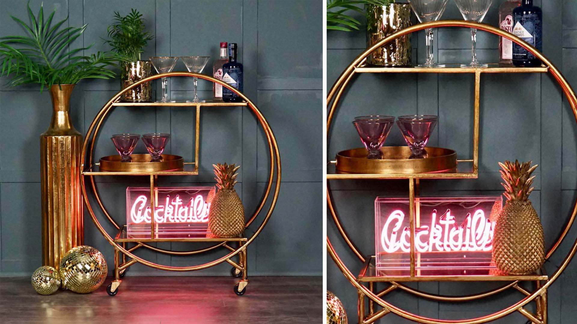 Side-by-side images of a gold drinks table on wheels in a circular design with shelves at various heights.
