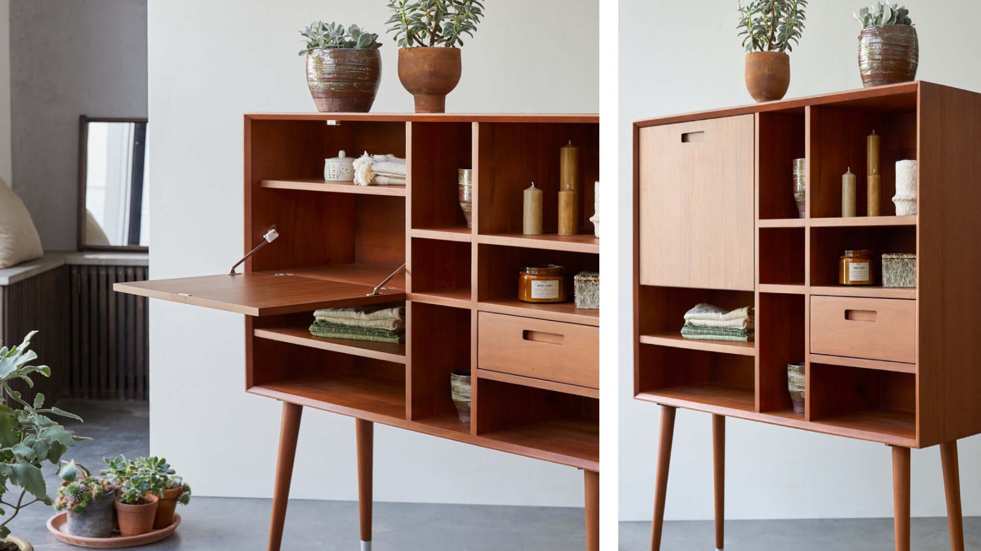 Side-by-side images of a 1950s-style mahogany side table with various compartments.