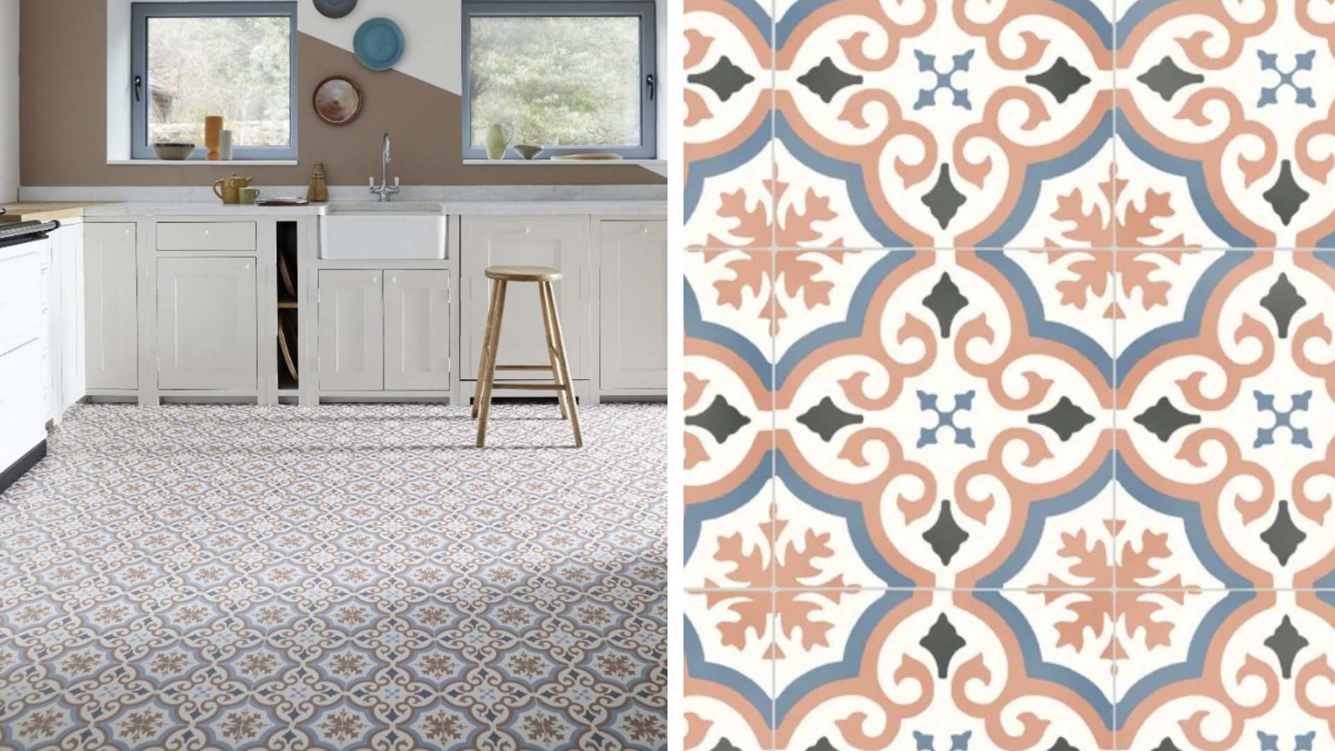 A kitchen floor with a close up of the tiled pattern