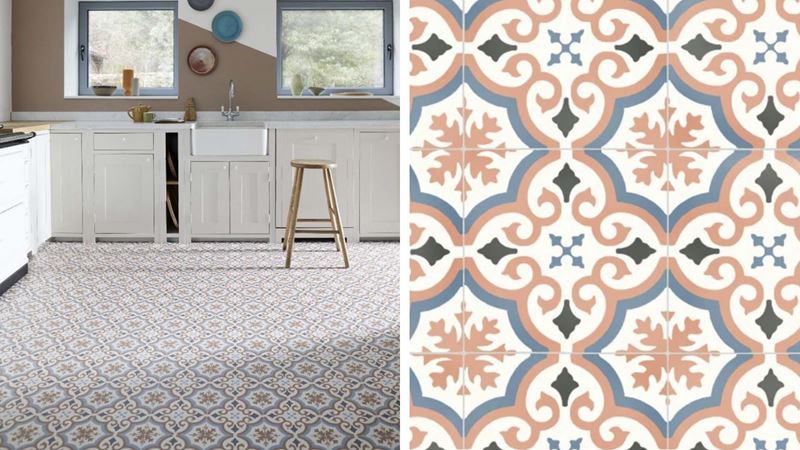 A kitchen floor with a close up of the tiled pattern