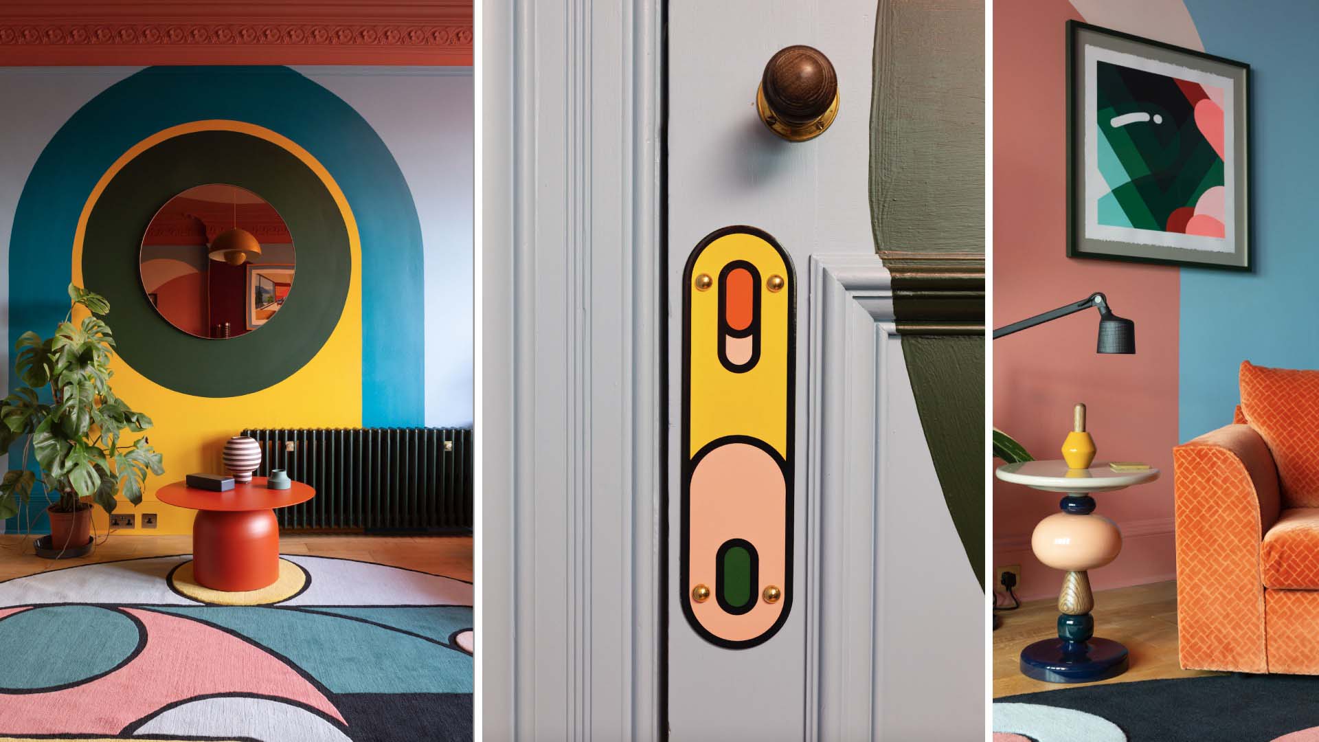 Brightly decorated room with soft shapes painted in bright colours such as yellow, blue and orange