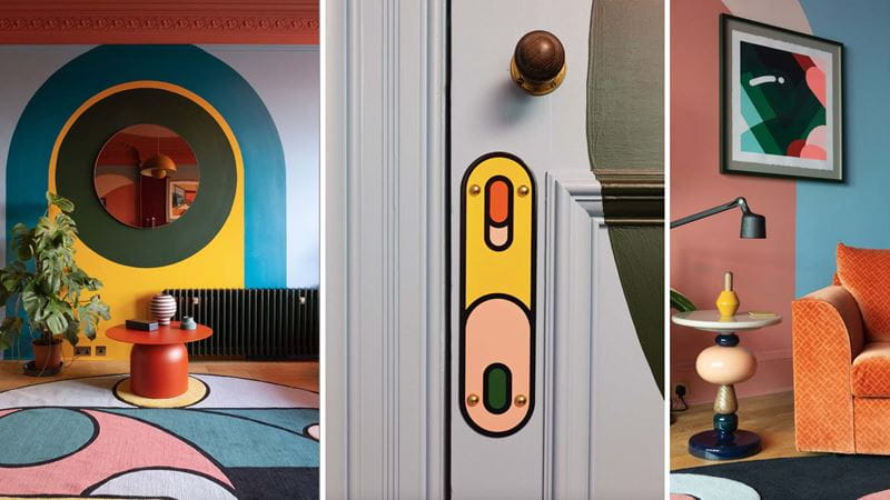 Brightly decorated room with soft shapes painted in bright colours such as yellow, blue and orange
