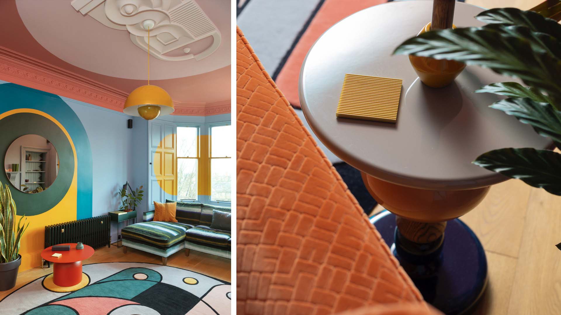 Brightly decorated room with soft shapes painted in bright colours such as yellow, blue and orange