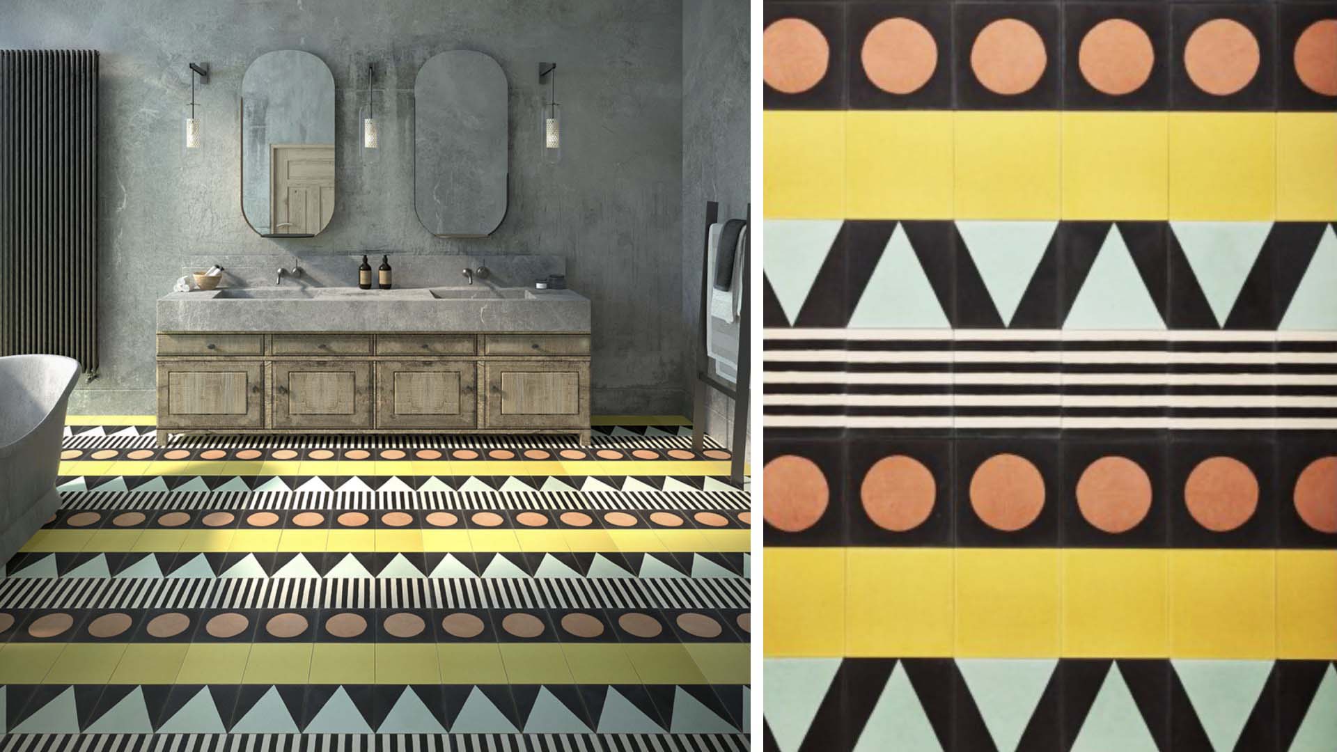 A bathroom with bright and colourful floor tiles against neutral walls