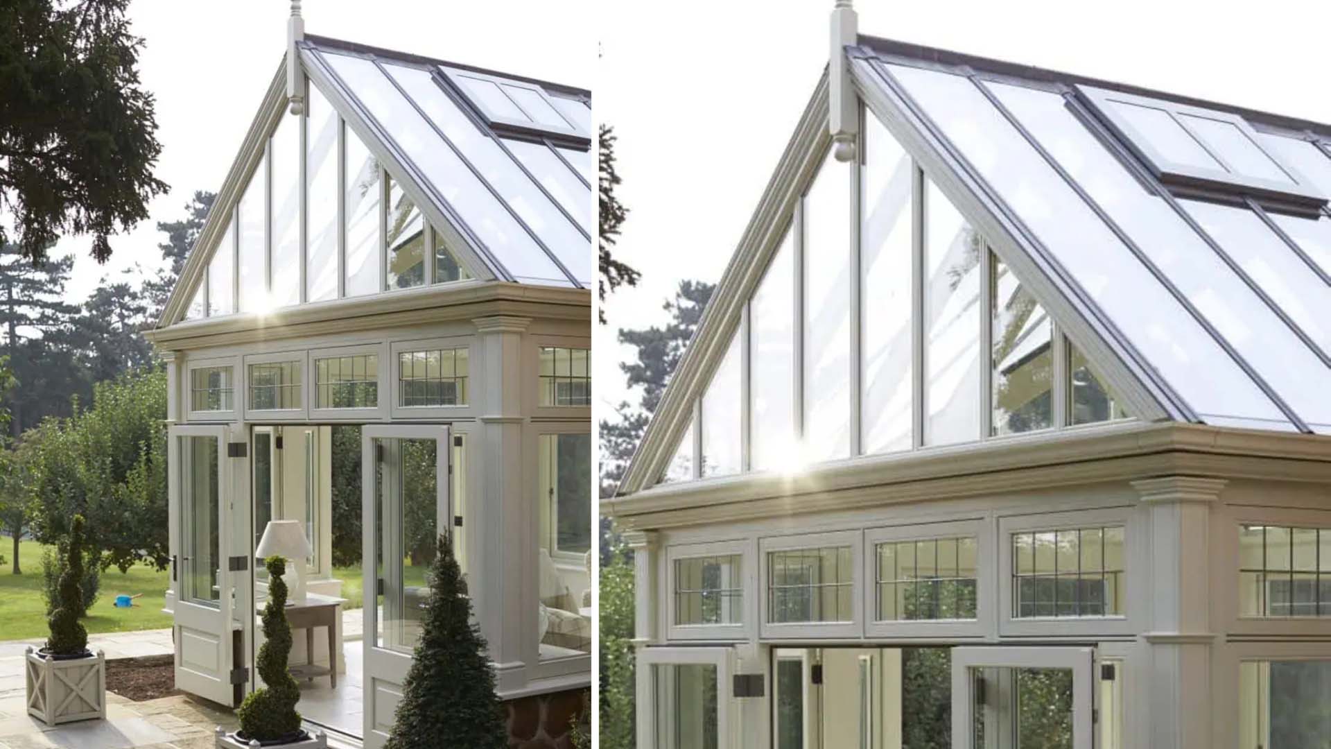 A gable conservatory reflecting the sun
