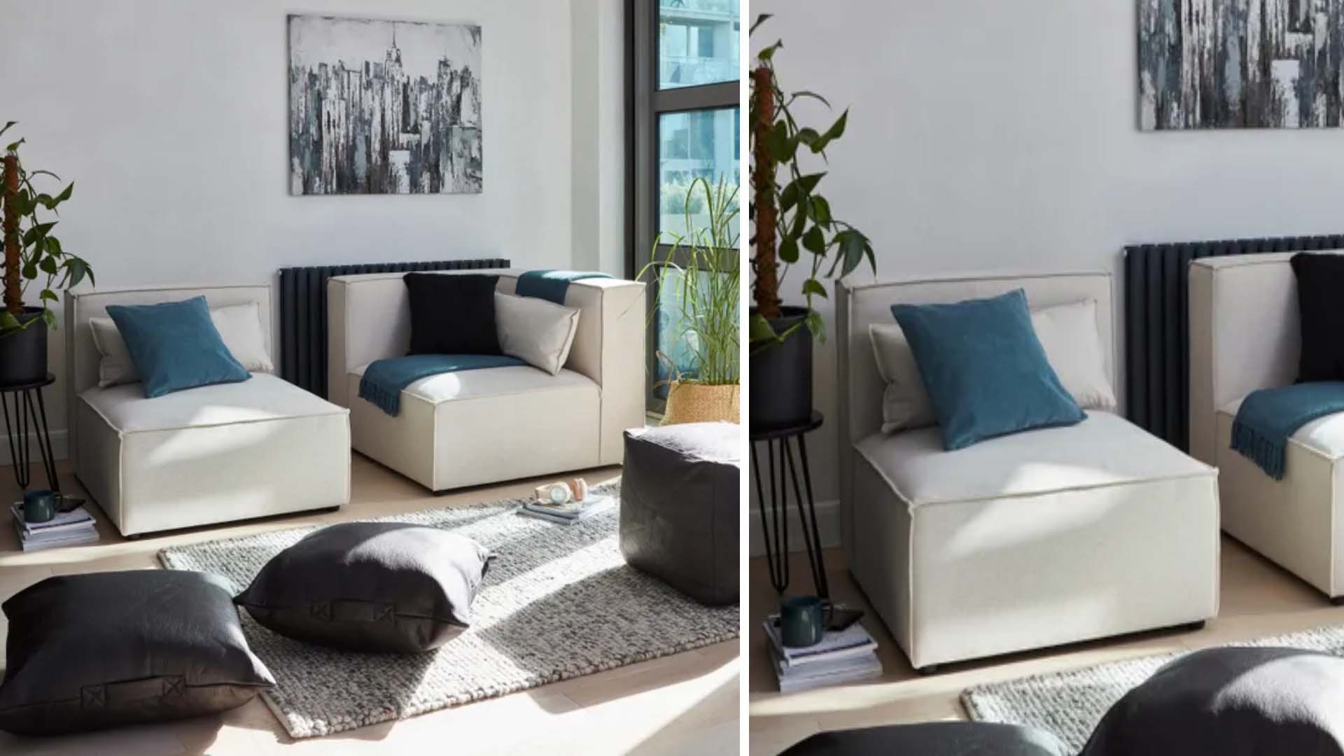 Side-by-side images of white modular sofas styled with blue cushions.