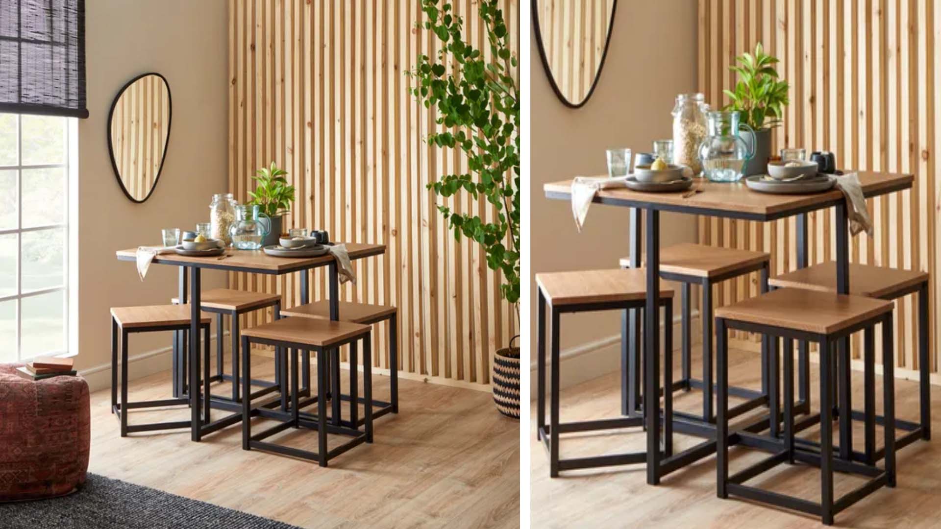 Side-by-side images of a modern dining set comprised of a table with metal legs and a wooden top, and four stools to match.