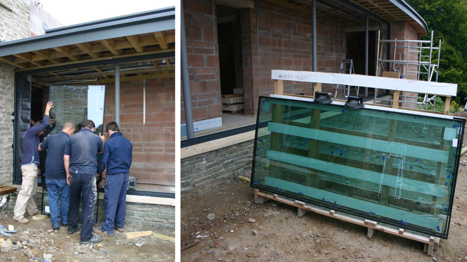 Two images showing window glass arriving