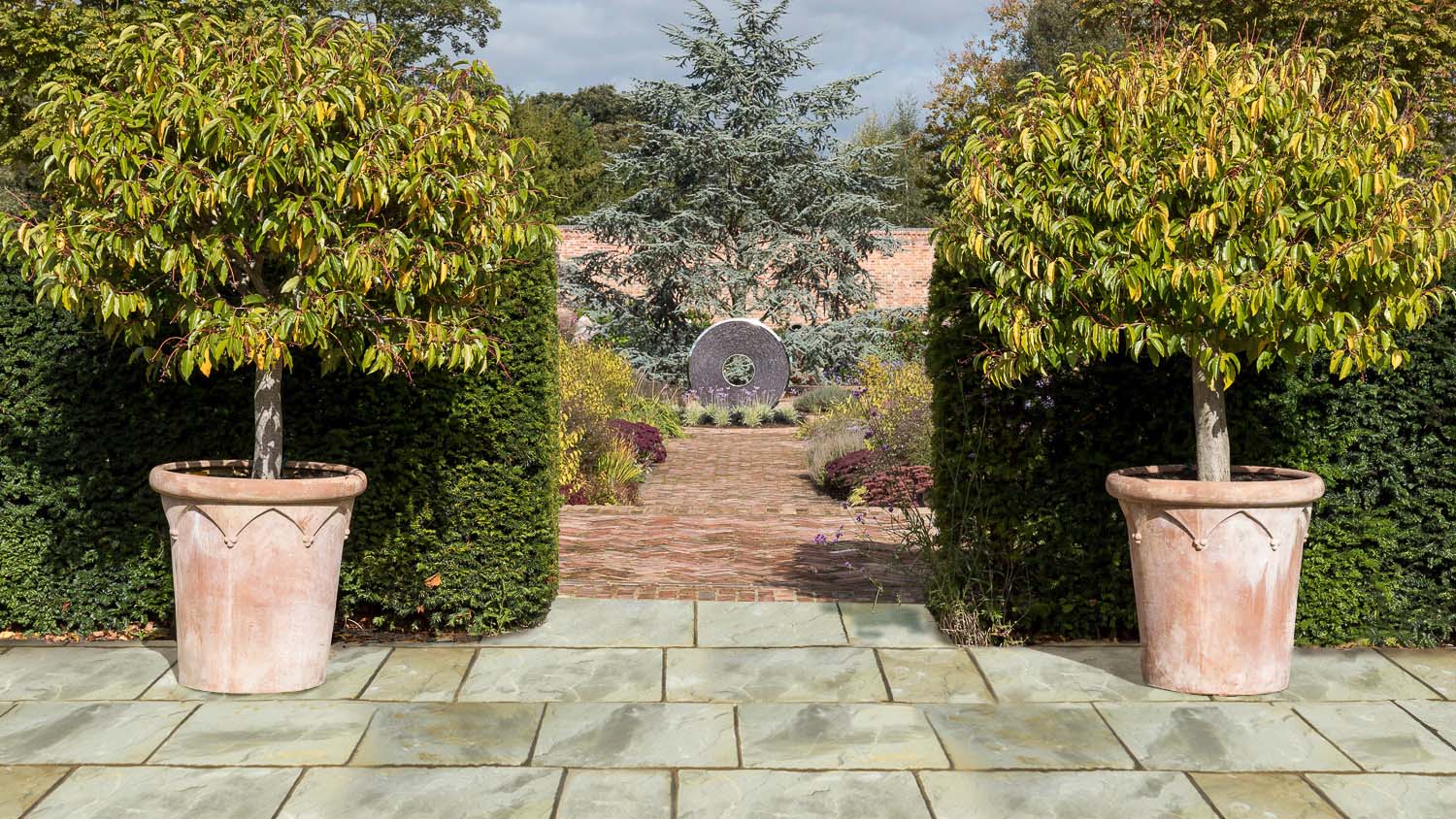 Hedges dividing separate paving sections of a garden