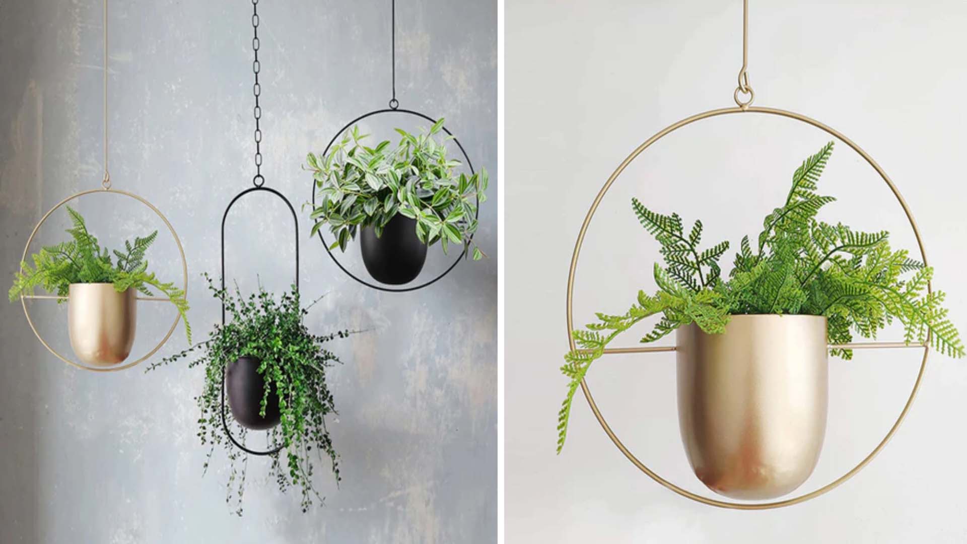 Side-by-side images of modern hanging planters in black and gold.