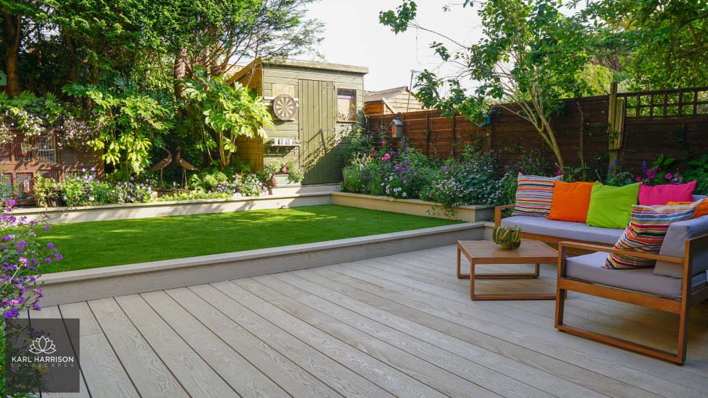 A garden with a deep tiered lawn