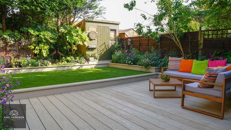 A garden with a deep tiered lawn