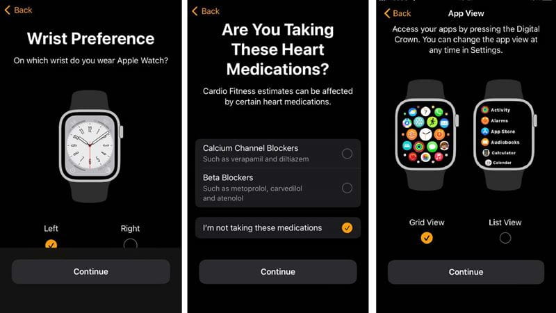 Screenshots from an iPhone showing how to pair an Apple Watch with your phone