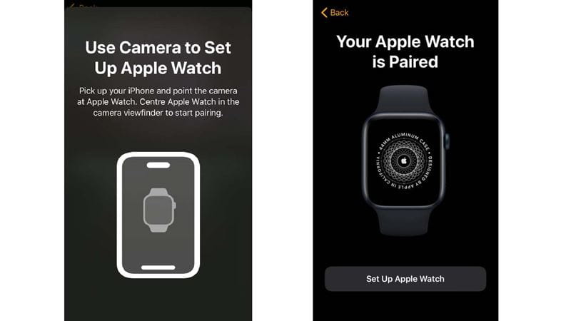 Screenshots from an iPhone showing how to pair an Apple Watch with your phone