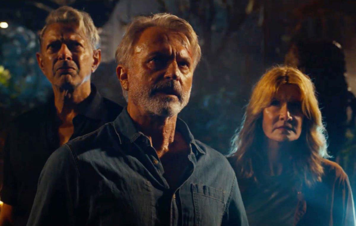 A promotional shot of Jeff Goldblum, Sam Neill and Laura Dern for the movie Jurassic World Dominion