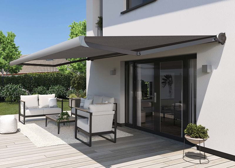 A decking shaded by an awning