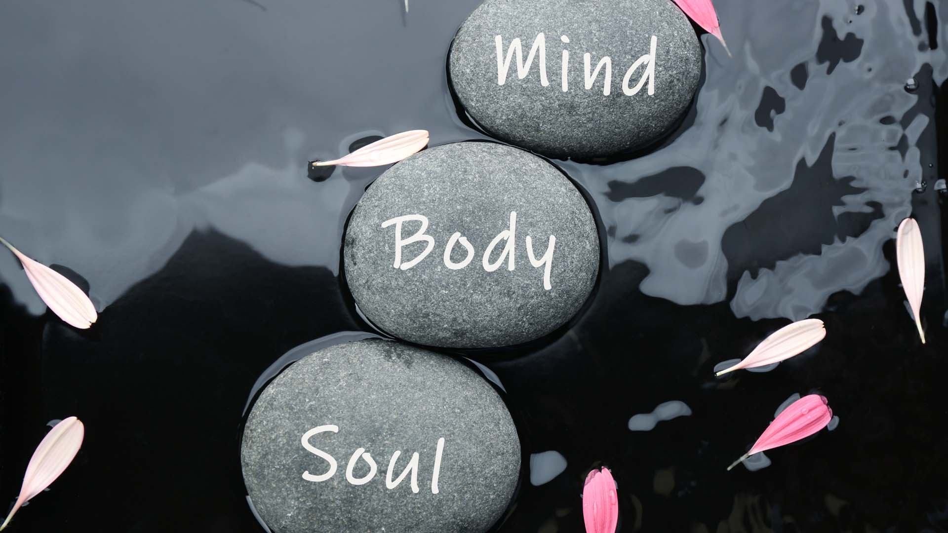 3 stones in water surrounded by petals saying mind body and soul