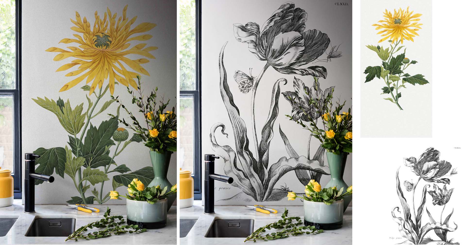 A wallpaper mural above a kitchen counter top to brighten a window view