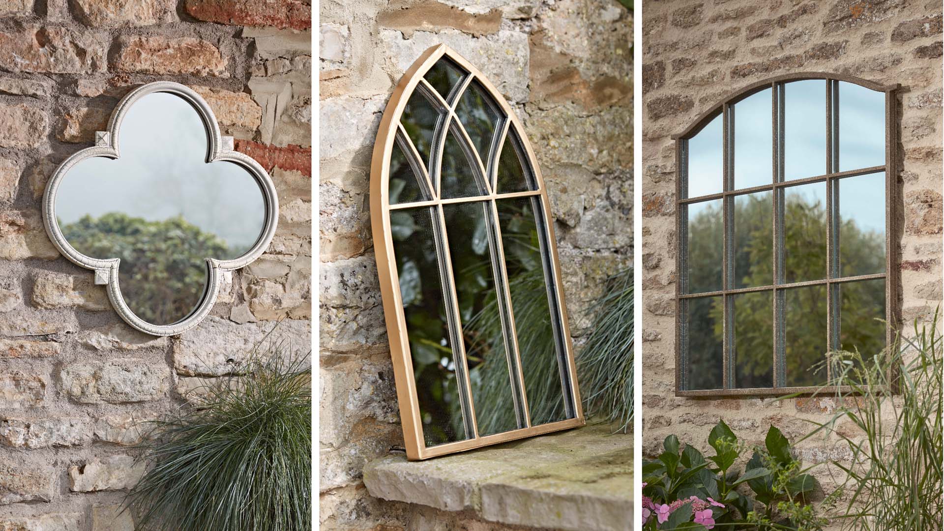 Two outside mirror ideas on rustic brick walls and one mirror window