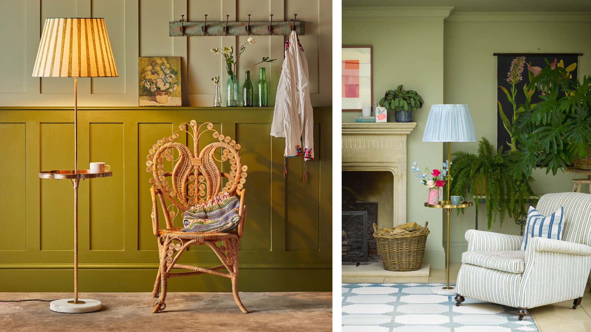 Side-by-side images of interior rooms, both showcasing a tall gold lamp with an integrated table and lampshade.