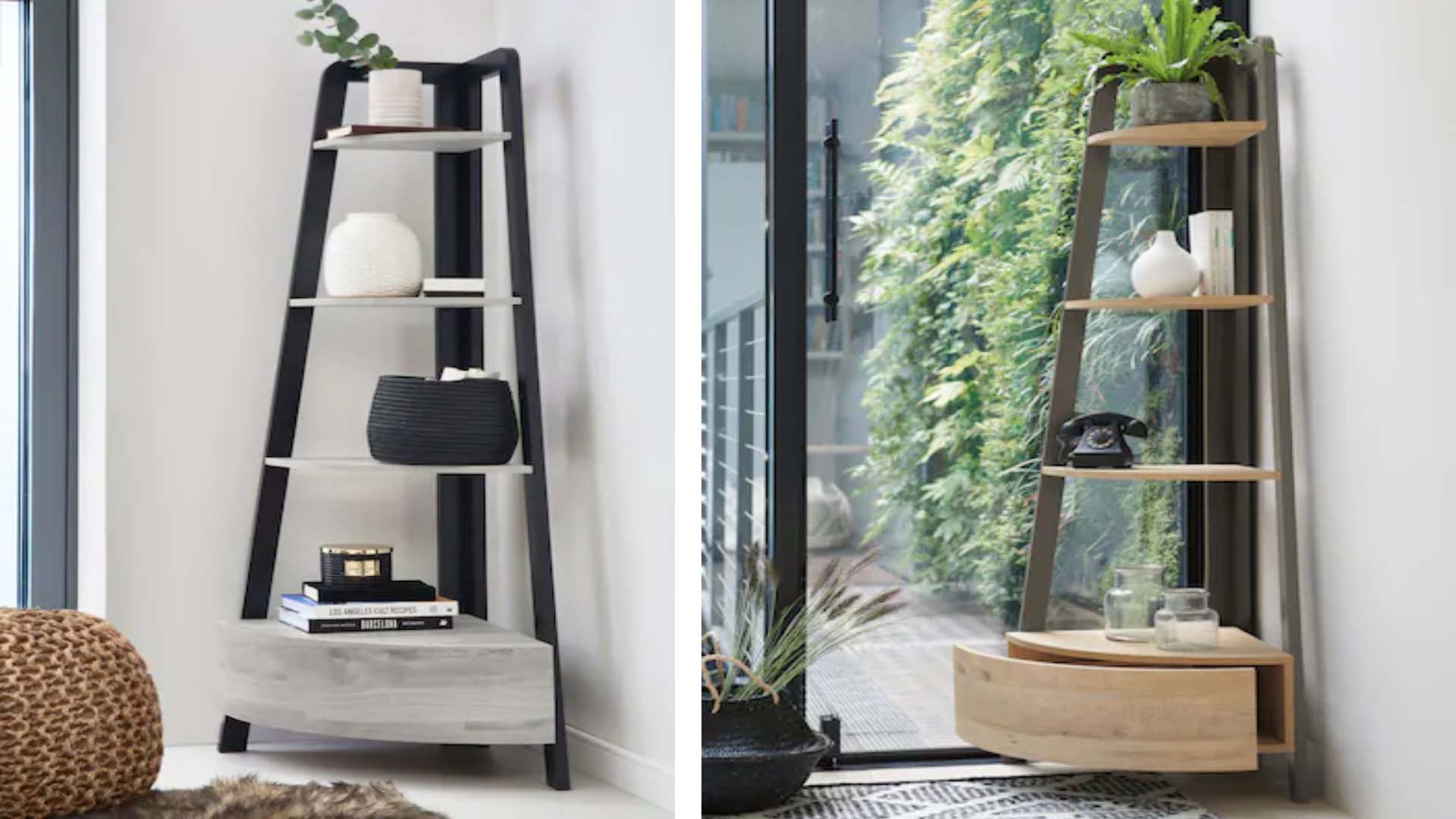 Side-by-side images of a corner shelving unit displaying various items such as vases, plants and books.