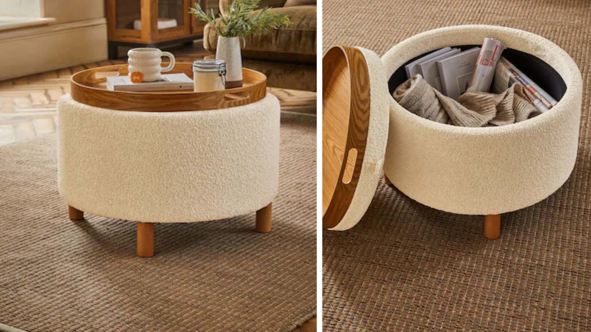 Side-by-side images of a white storage ottoman.