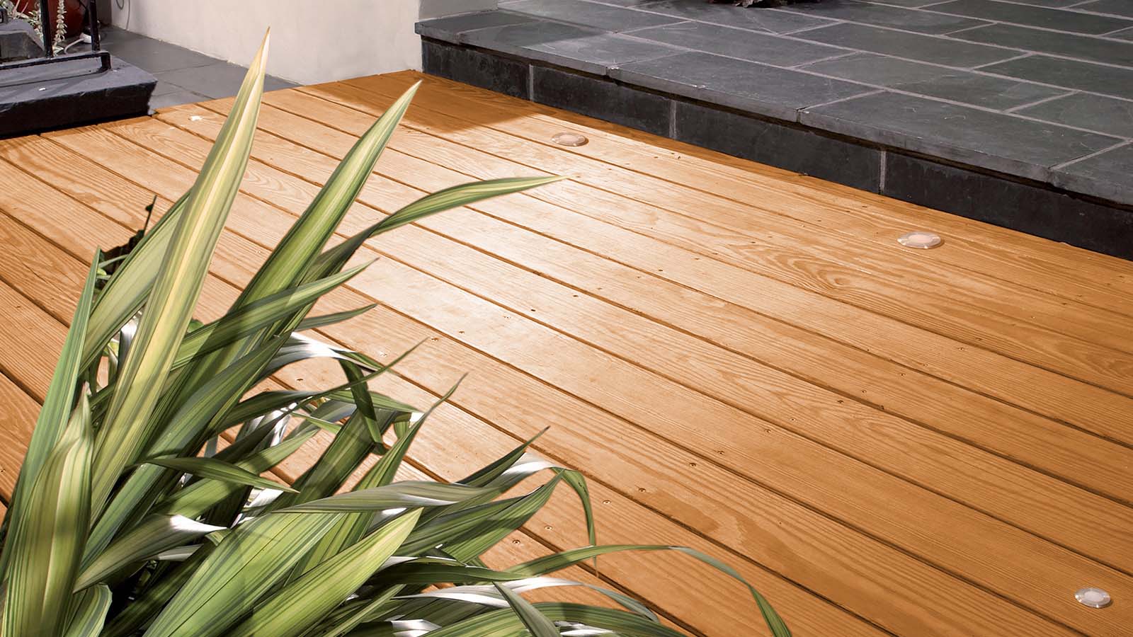 Decking with a natural stain one level down a black stone floor