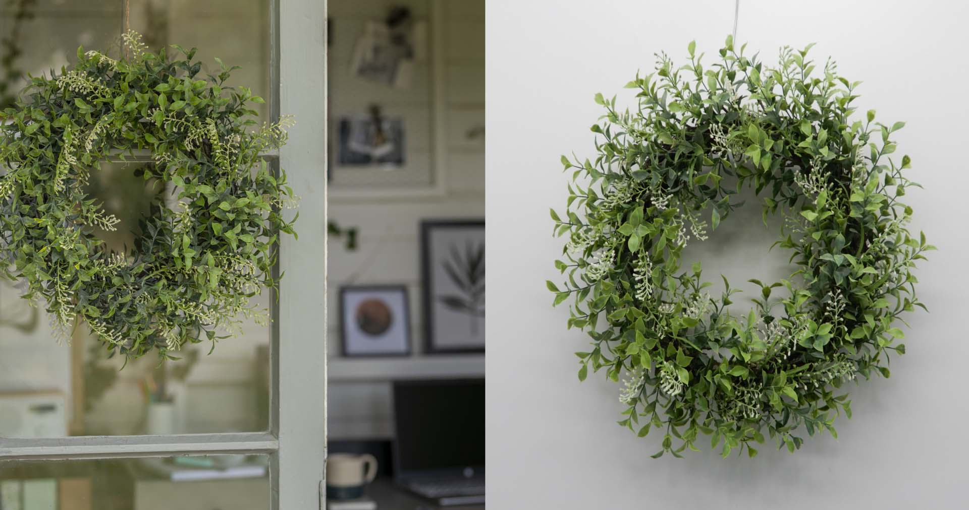 An artificial wreath hung at a window