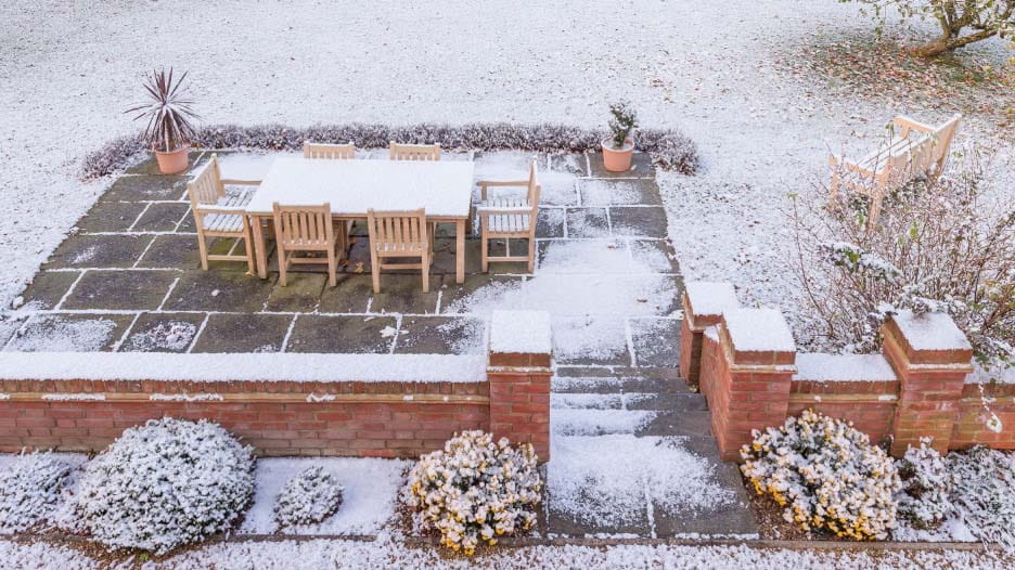 Large UK back garden covered in snow in winter