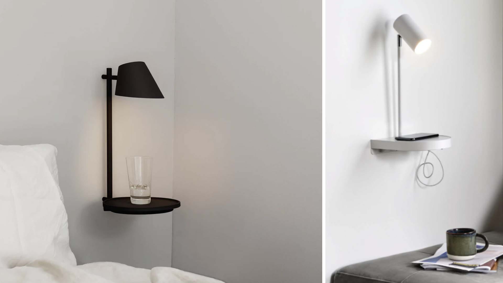 a bedside lamp with a small table attached