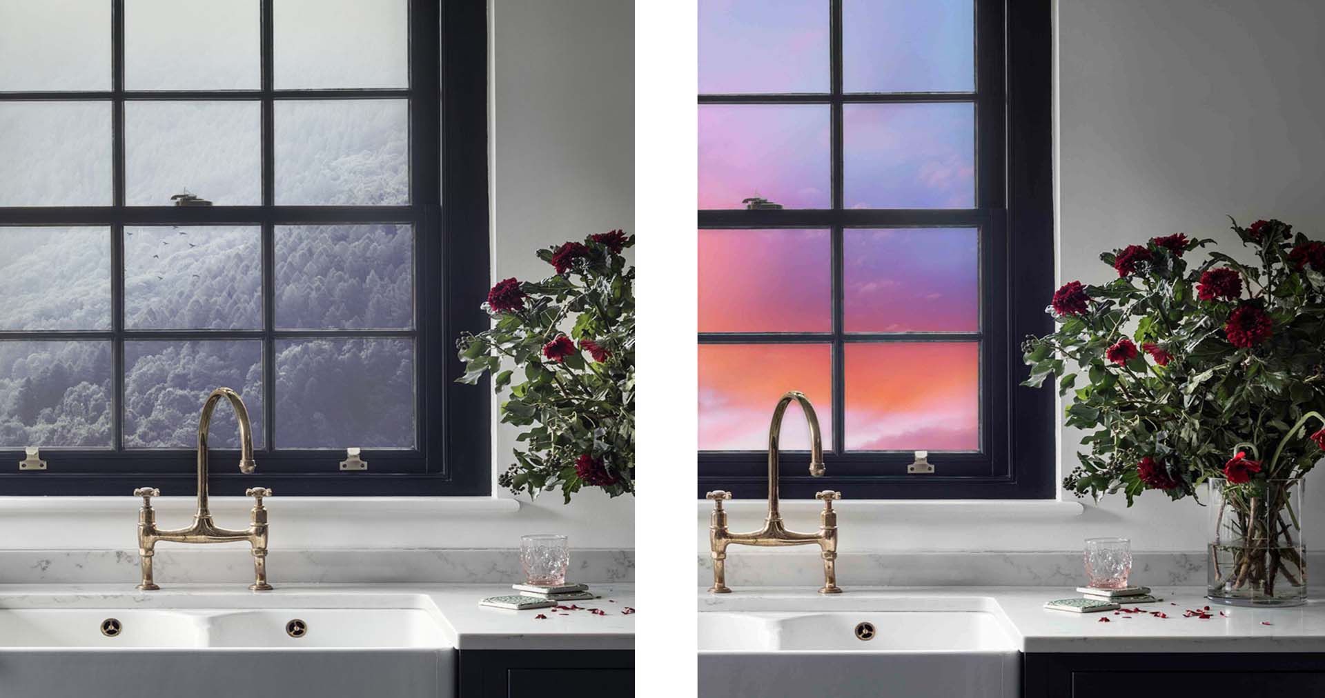 Two side-by-side images of a kitchen sink window showing two different window screen prints