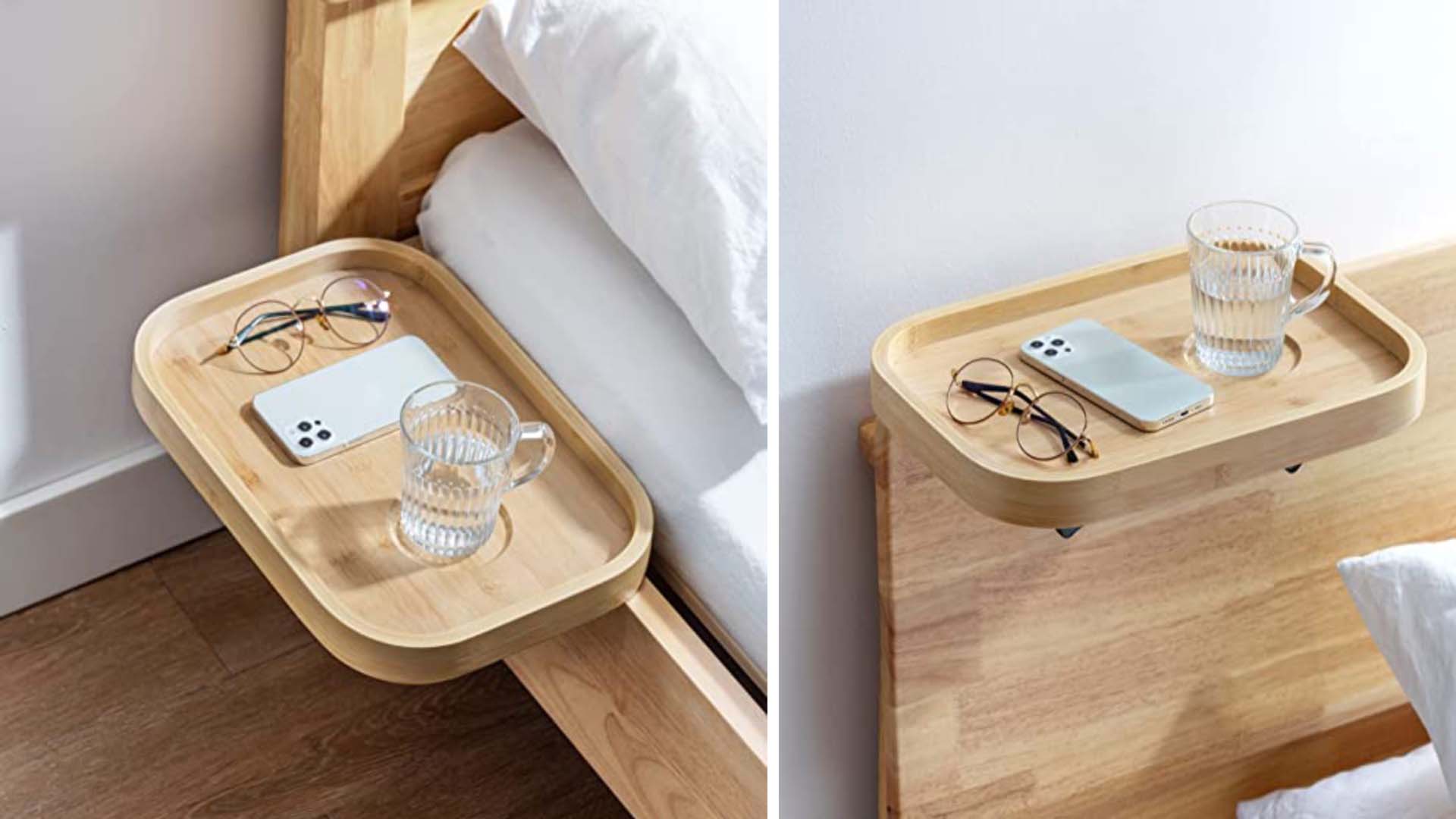 A bamboo shelf attached to a wooden bedframe