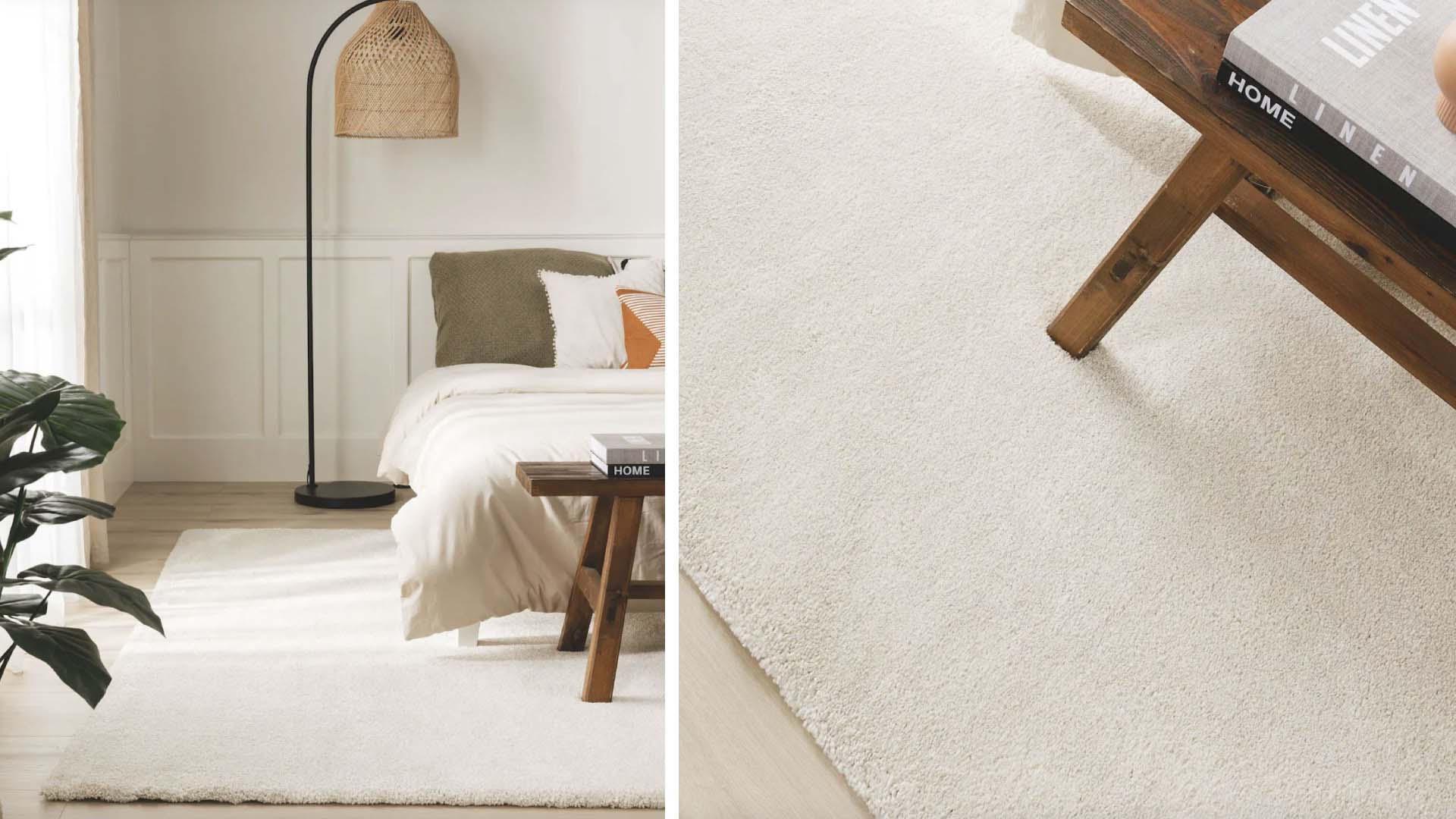 cream bedroom with rattan lampshade and bed