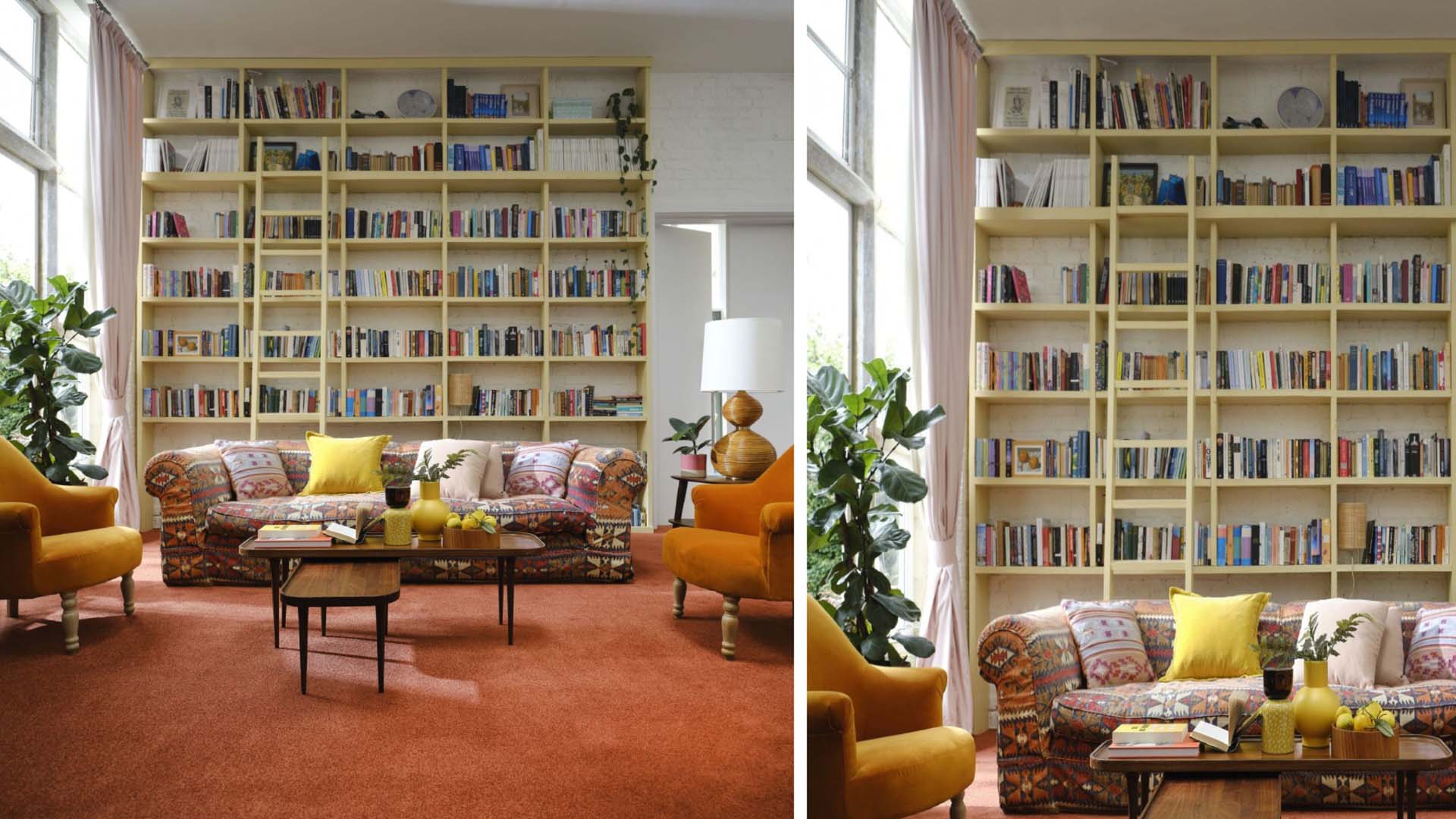yellow bookshelf in a lounge