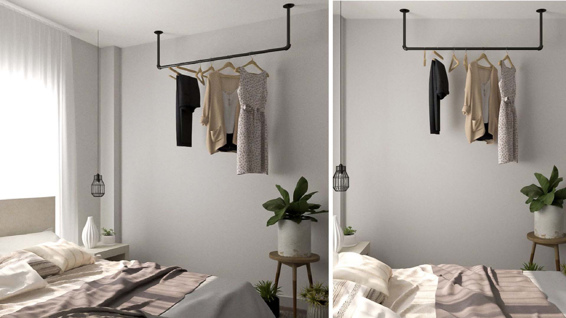 Rail hanging from the ceiling as a wardrobe 