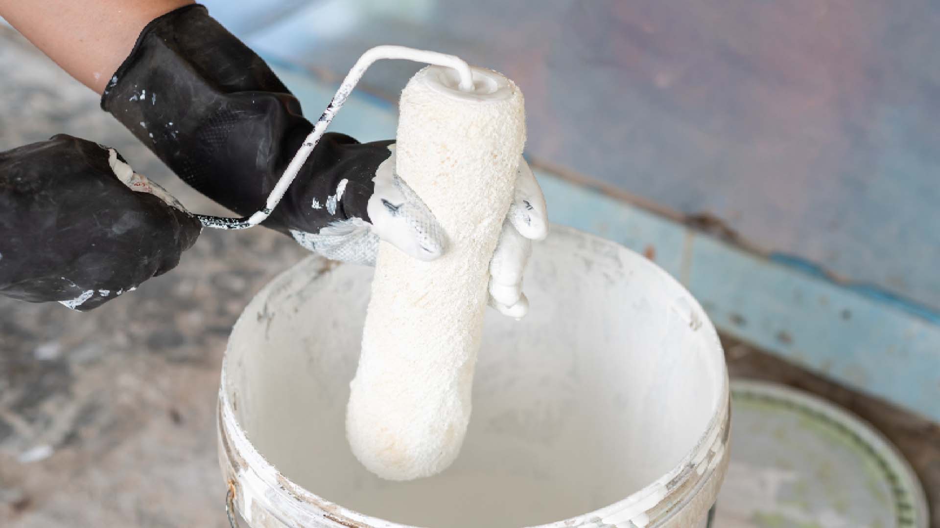 A gloved hand squeezing excess water out of a paint roller into a bucket while cleaning it