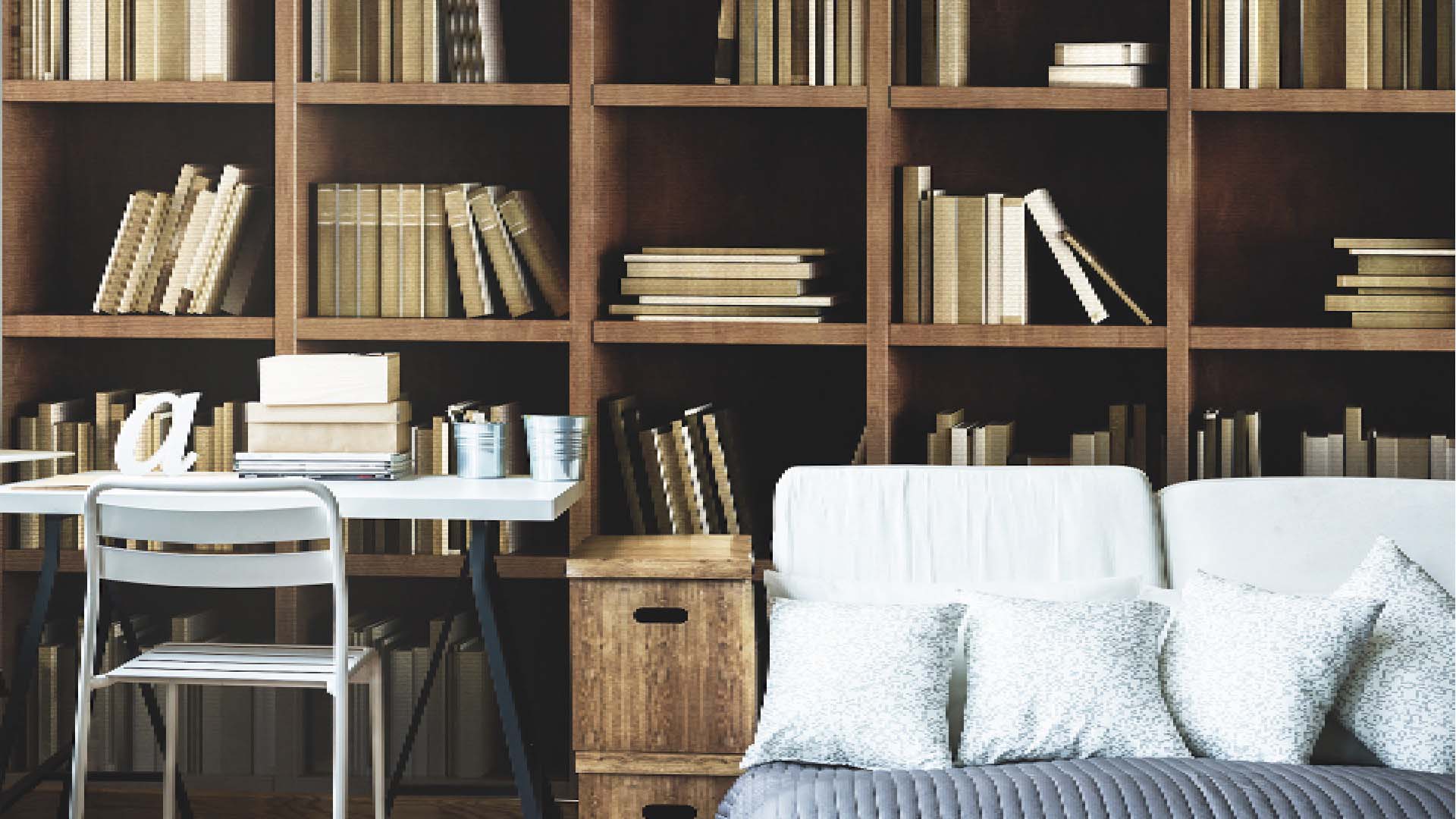 large bookcase wallpaper with bed in front of it