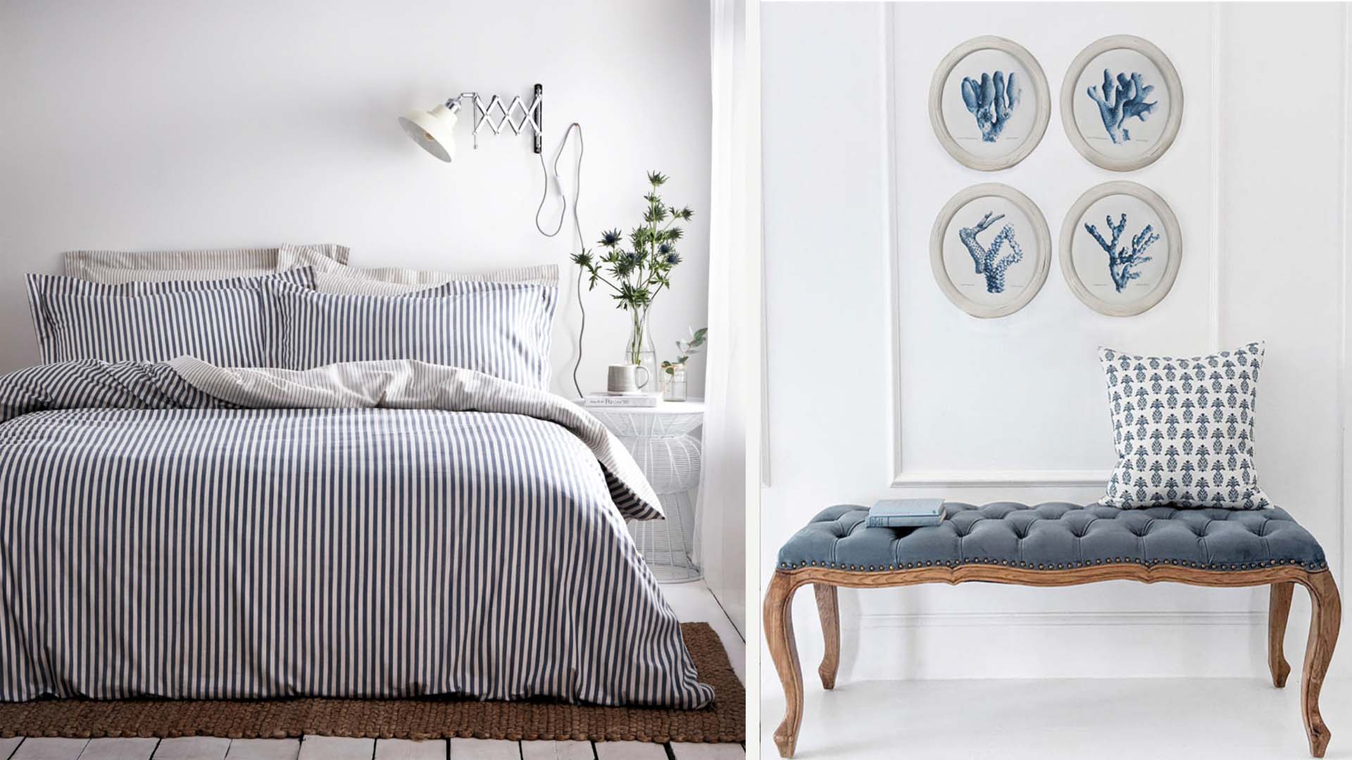 Side-by-side images of a double bed with striped navy bedding, beside a navy upholstered bench seat with coral prints framed above.