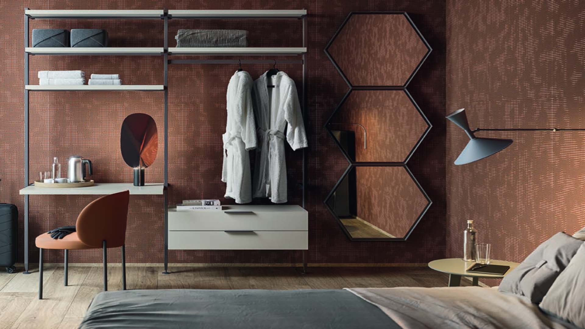 Open dressing area in bedroom